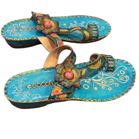 Socofy Colorful Handprinted Floral Boho Toe Ring Sandals Size 6 - Picture 3 of 12